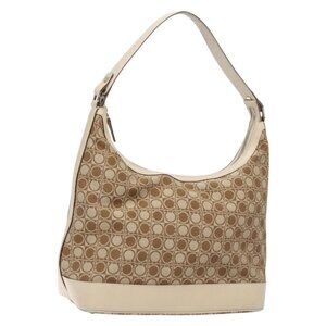 Authentic Salvatore Ferragamo Gancini Shoulder Bag Canvas Beige Gold